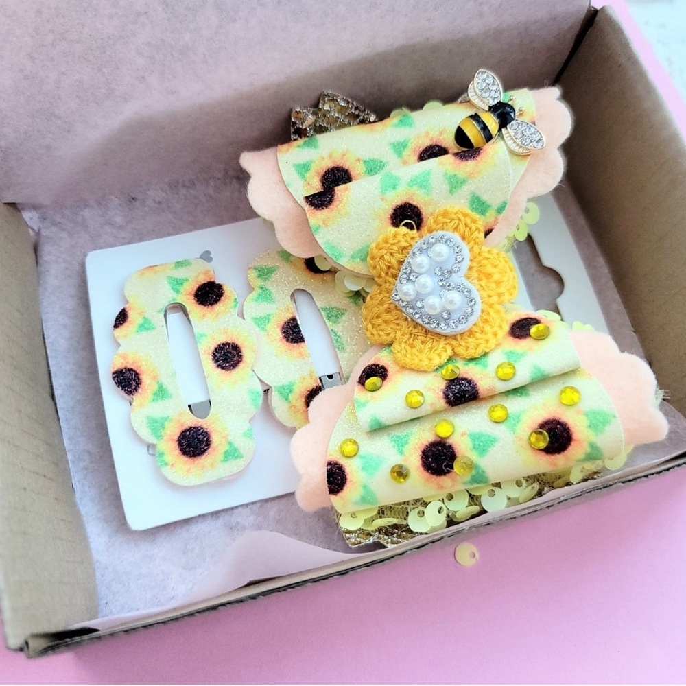 Set of 3 Sunflower hair bows, Faux leather bow, Bow 4.5, Summer hair bow,